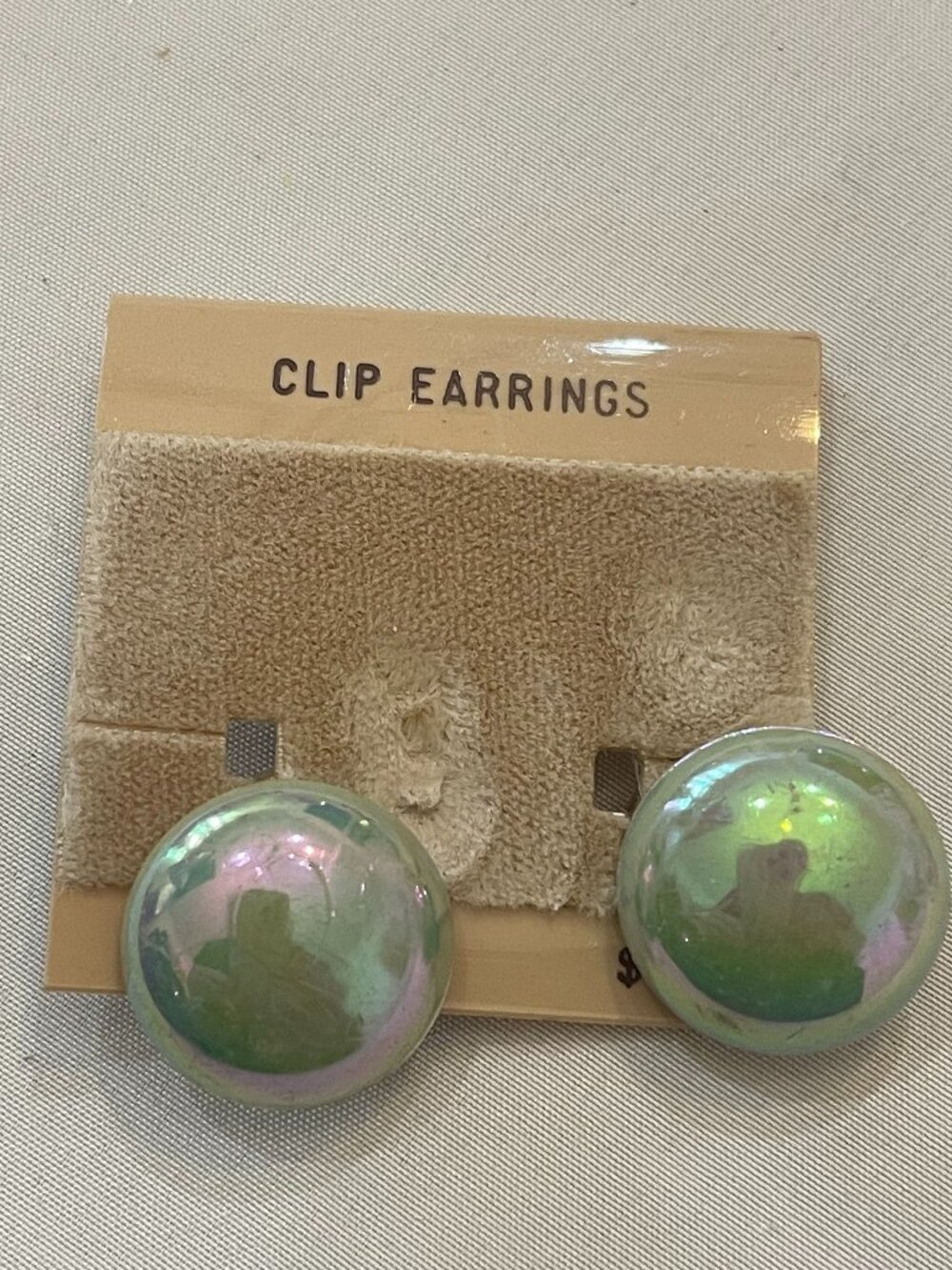 Vintage Iridescent Pearlized Clip-On Earrings Green Aurora Borealis Dome